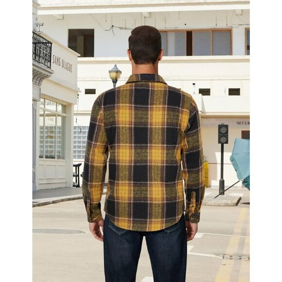 Coofandy Men Black Yellow Flannel Plaid Button Down Jacket Shirt with Pockets - Picture 3 of 5